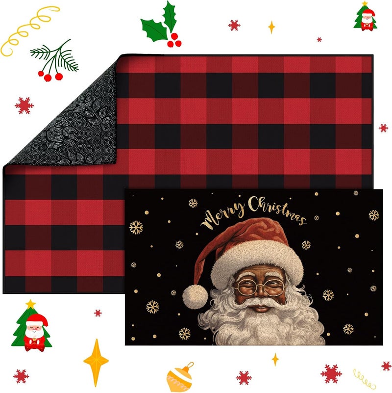 Fourluoo 2 Pcs Christmas Front Porch Rug Black Santa Christmas Door Mat Imitation Coco Coir Buffalo Plaid Xmas Welcome Layering Rug for Outdoor Winter Home Festival Holiday Decor, 28 x 43 Inch - Image 2
